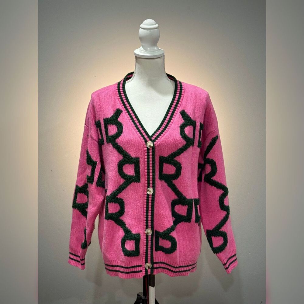 Pink Unbranded Patterned Cardigan Sweater Size L EUC